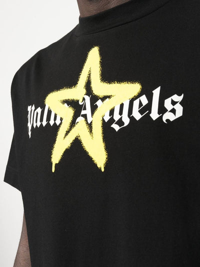Palm Angels Yellow Star Sprayed logo-print T-shirt in Black