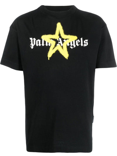 Palm Angels Yellow Star Sprayed logo-print T-shirt in Black