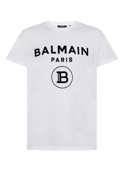 Balmain White Flocked B Paris Logo T-shirt