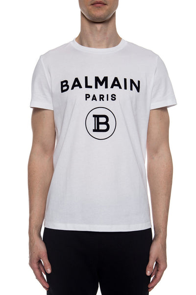 Balmain White Flocked B Paris Logo T-shirt